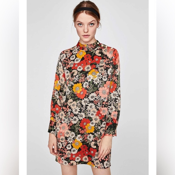 Zara Floral Satin Fall Dress with Pearl Buttons Size Medium Purchased in Europe - Picture 1 of 6